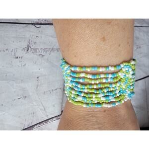 Seed Bead Multi Strand Bracelet Lime Green Blue White